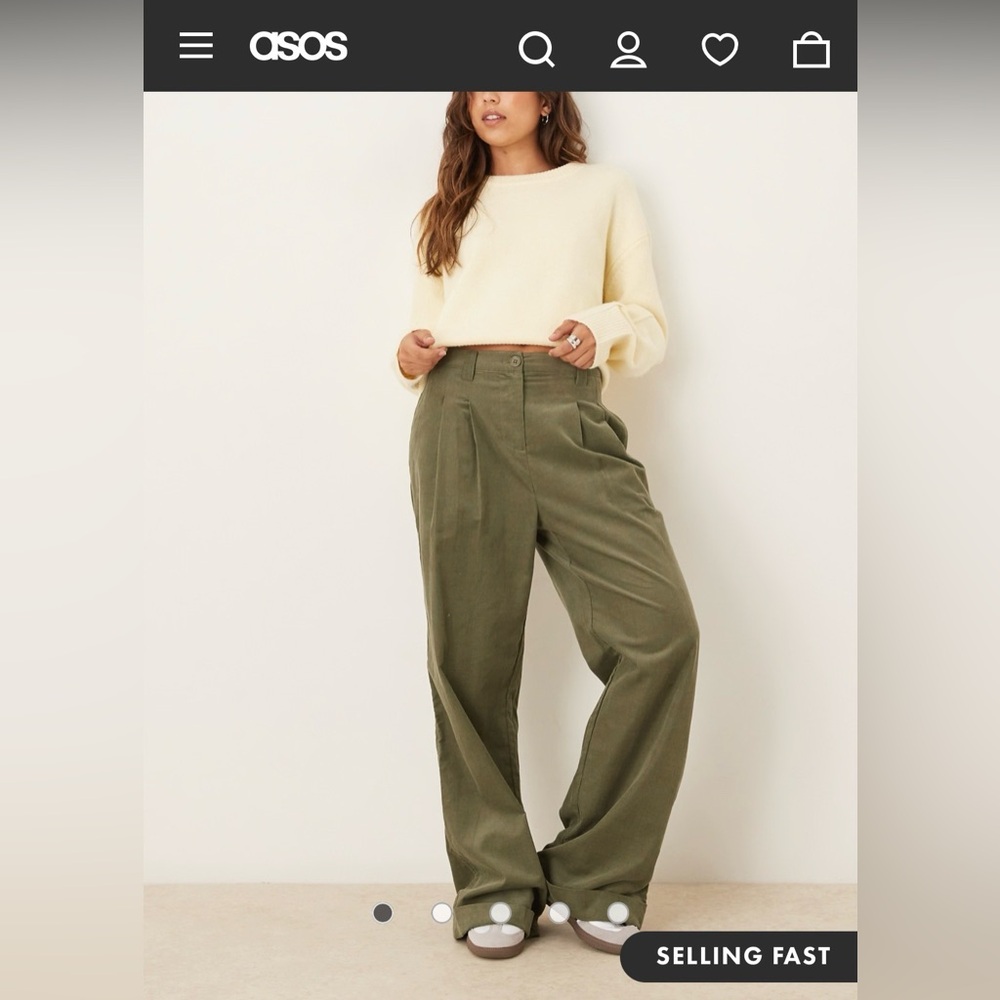 NWT ASOS Trendy Women’s Corduroy Turn Up Hem Wide Leg Trousers Khaki Green Sz 2
